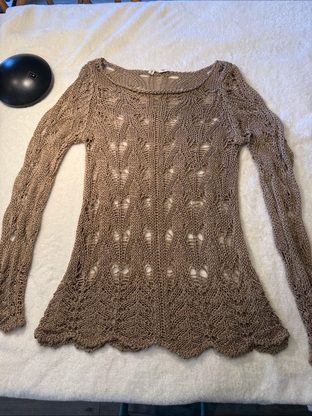 Moth Open-Knit Scoop Neck Sweater in Taupe Brown with gold sparkles in yarn